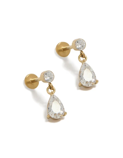 Waterproof Gold Plated Stainless Steel Cubic Zirconia Pear Flat Back Studs