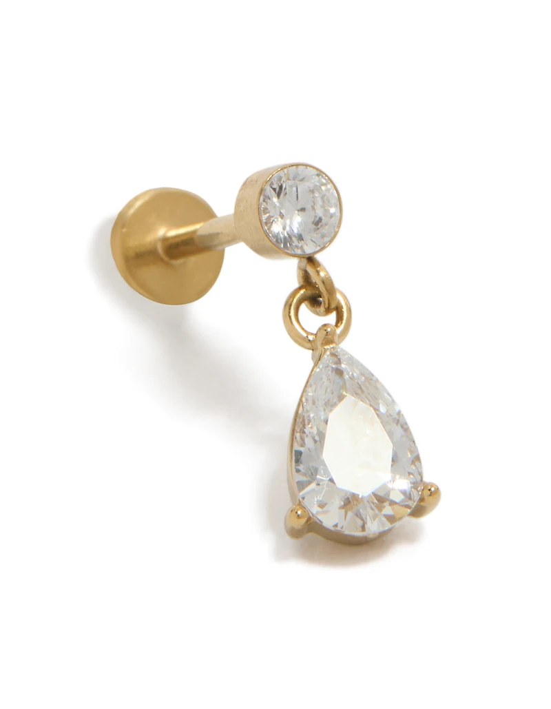 Waterproof Gold Plated Stainless Steel Cubic Zirconia Pear Flat Back Studs