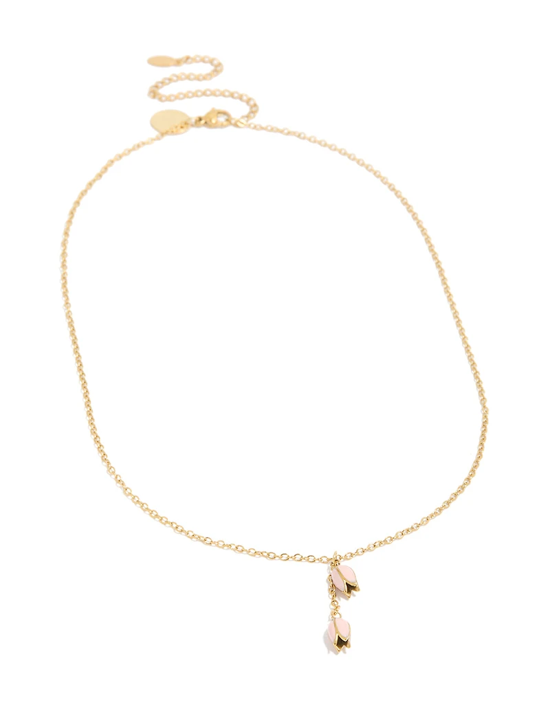Waterproof Gold Plated Stainless Steel Pink Tulips Pendant Necklace