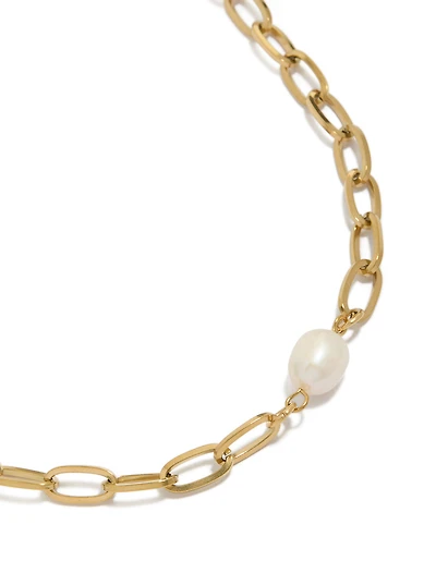 Collier en acier inoxydable plaqué or étanche avec trombone et perle centrale
