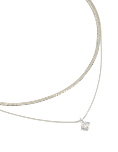 Waterproof Stainless Steel Round Cubic Zirconia & Snake Chain Layered Necklace