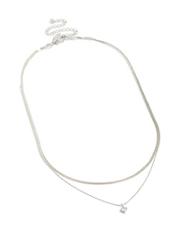 Waterproof Stainless Steel Round Cubic Zirconia & Snake Chain Layered Necklace