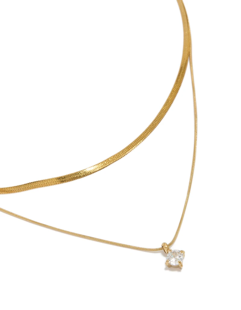 Waterproof Gold Plated Stainless Steel Round Cubic Zirconia & Snake Chain Layered Necklace