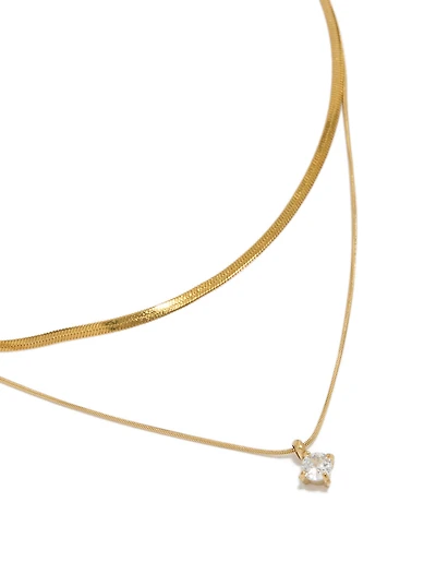 Waterproof Gold Plated Stainless Steel Round Cubic Zirconia & Snake Chain Layered Necklace