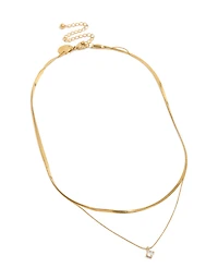Waterproof Gold Plated Stainless Steel Round Cubic Zirconia & Snake Chain Layered Necklace