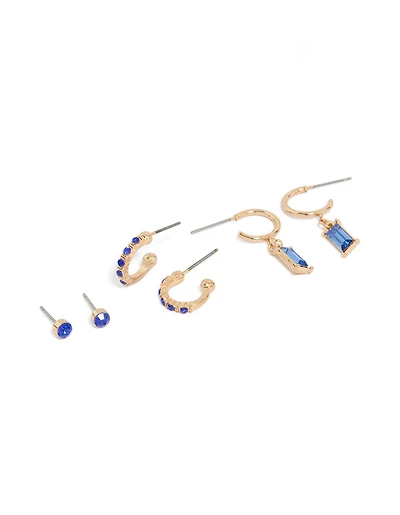 Gold Dark Blue Diamante Studs & Drop Earrings 3-Pack