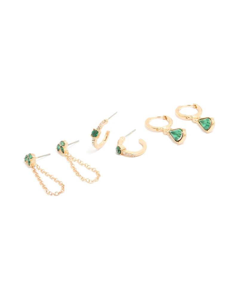 Gold Green Diamante Chain & Huggie Earrings 3-Pack