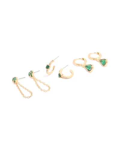 Gold Green Diamante Chain & Huggie Earrings 3-Pack