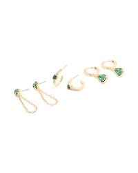 Gold Green Diamante Chain & Huggie Earrings 3-Pack