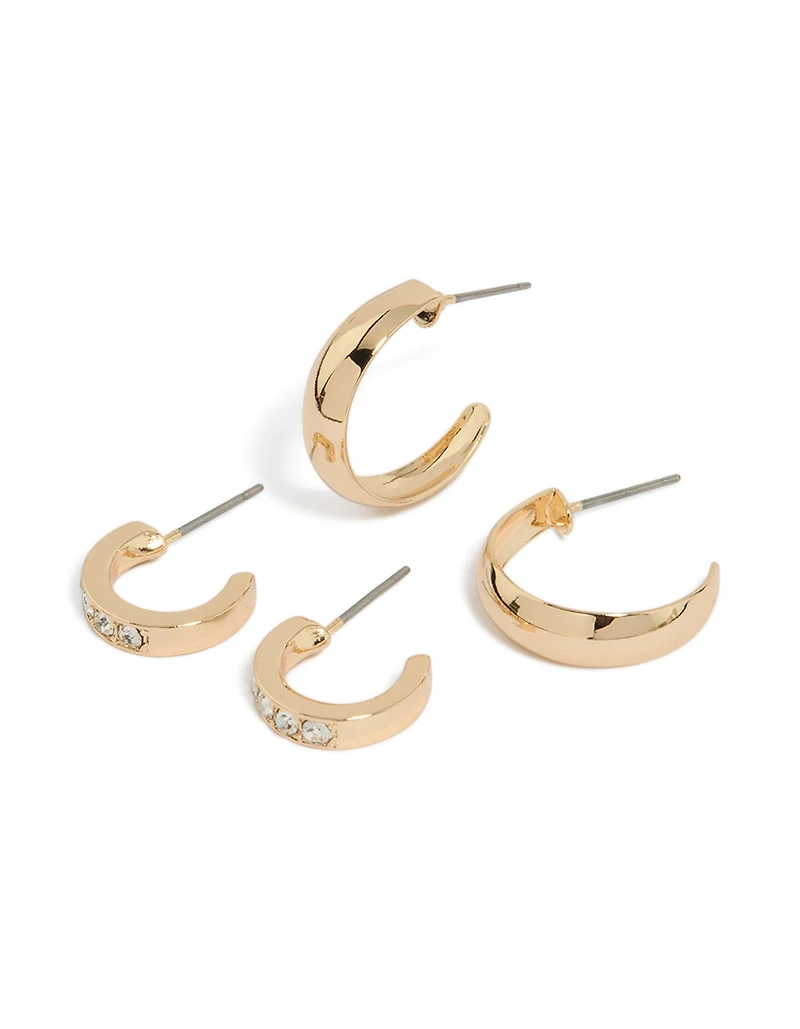 Gold Diamante & Plain Hoop Earrings 2-Pack