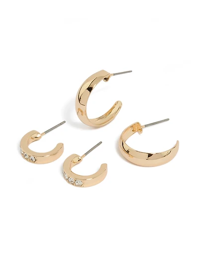 Gold Diamante & Plain Hoop Earrings 2-Pack