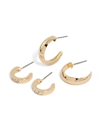Gold Diamante & Plain Hoop Earrings 2-Pack