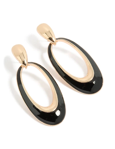 Boucles d'oreilles pendantes ovales creuses en or et émail noir
