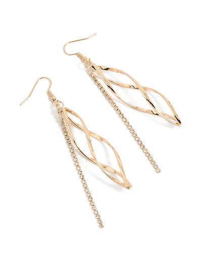 Boucles d'oreilles pendantes en or torsadé et chaîne ornée de strass