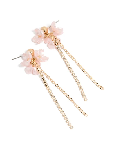 Gold Pink Floral Diamante Chain Drop Earrings