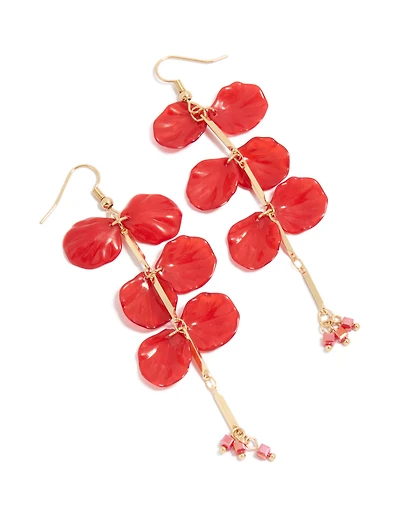Gold Red Beaded Petal Drop Earrings
