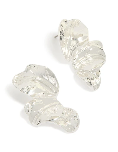 Silver Molten Flower Fan Stud Earrings