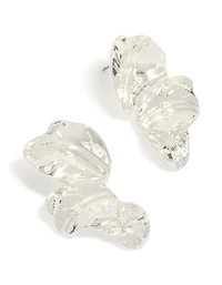 Silver Molten Flower Fan Stud Earrings