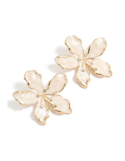 Gold Light Pink Enamel Floral Diamante Stud Earrings