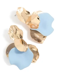 Gold Statement Half Flower Pale Blue Stud Earrings