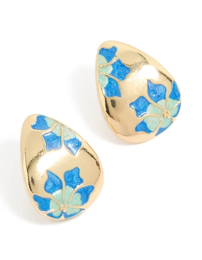 Boucles d'oreilles créoles à fleurs bleues peintes en or