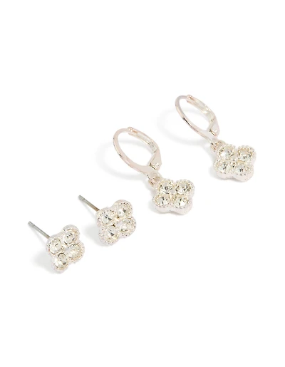 Silver Clear Diamante Flower Stud & Huggie Earrings Set 2-Pack