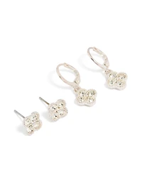 Silver Clear Diamante Flower Stud & Huggie Earrings Set 2-Pack