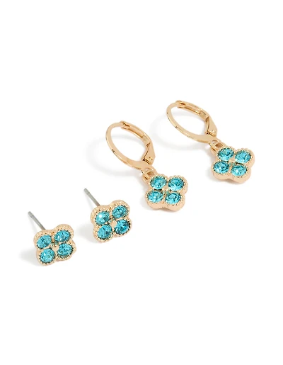 Boucles d'oreilles puces et créoles en forme de fleur, or et bleu diamant (lot de 2)