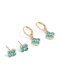 Boucles d'oreilles puces et créoles en forme de fleur, or et bleu diamant (lot de 2)