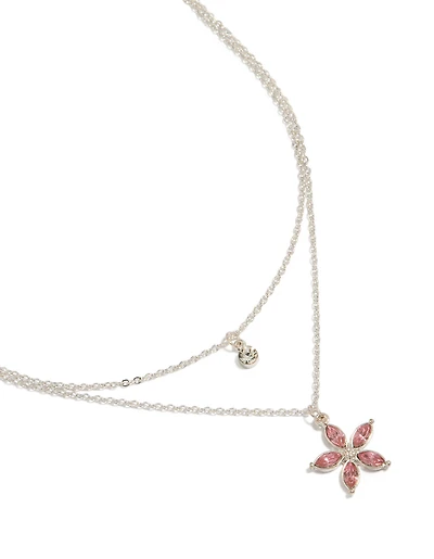Silver Clear & Pink Diamante Flower Layered Necklace