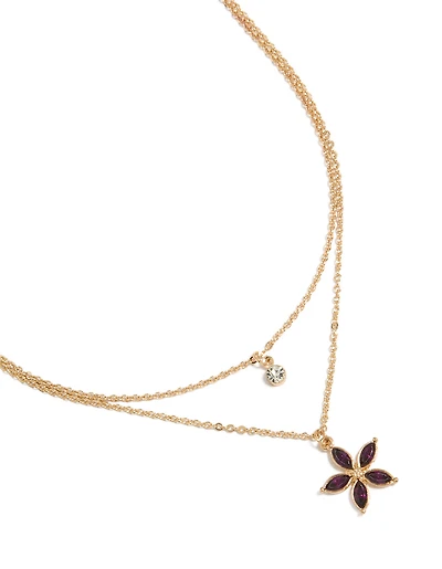 Collier à plusieurs rangs de fleurs en or clair et violet orné de diamants.