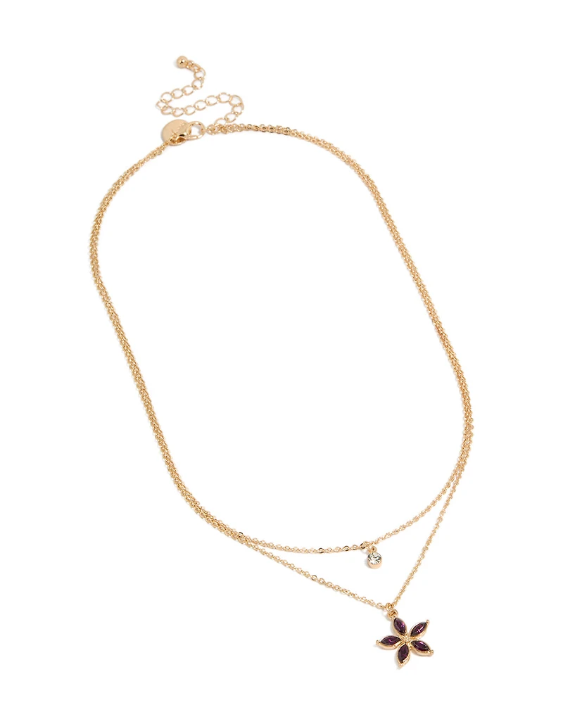 Gold Clear & Purple Diamante Flower Layered Necklace