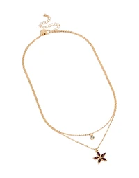Gold Clear & Purple Diamante Flower Layered Necklace