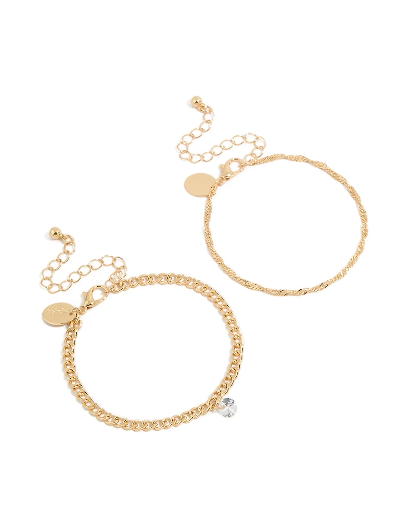 Gold Diamante Drop & Chain Bracelets 2-Pack