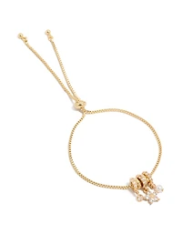 Gold Plated Cubic Zirconia Flower & Pearl Rondell Charms  Toggle Bracelet