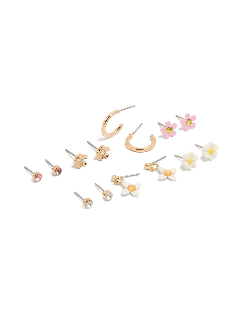 Gold Diamante & Floral Stud Earrings 8-Pack