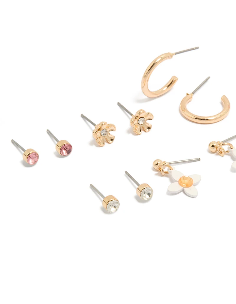 Gold Diamante & Floral Stud Earrings 8-Pack