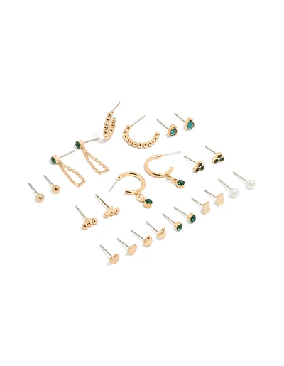 Gold Green Diamante Stud Earrings 12-Pack