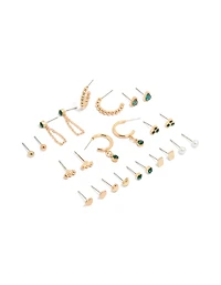 Gold Green Diamante Stud Earrings 12-Pack