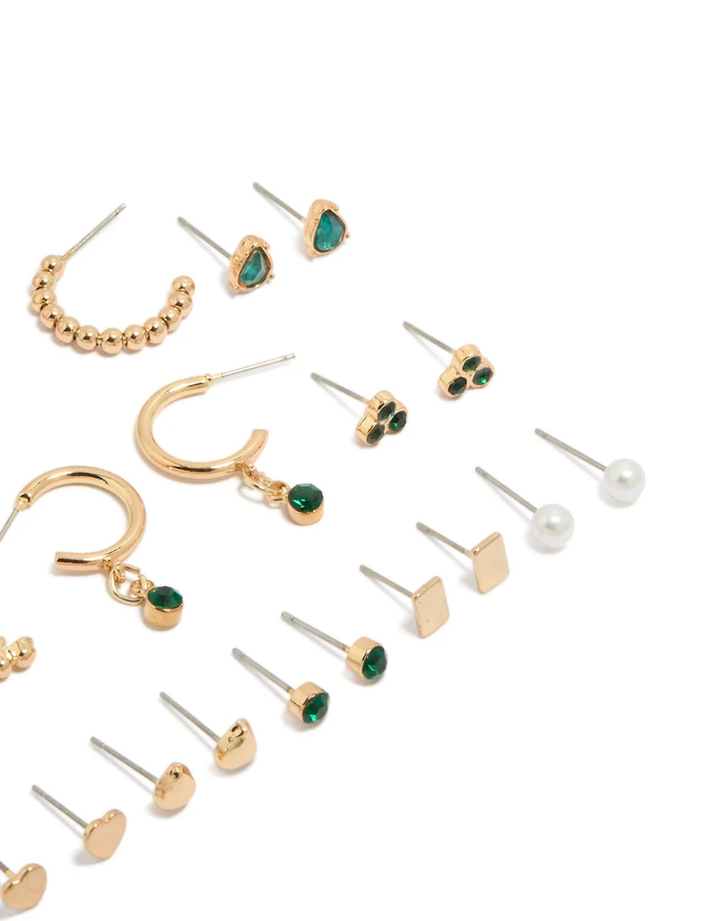 Gold Green Diamante Stud Earrings 12-Pack