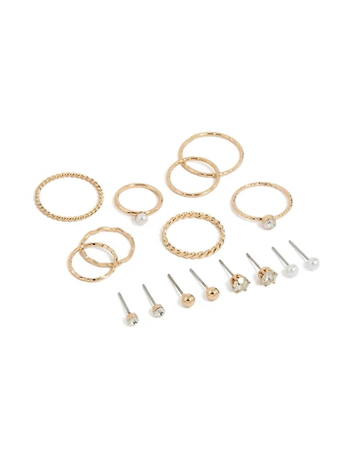 Gold Diamante Studs & Rings 12-Pack