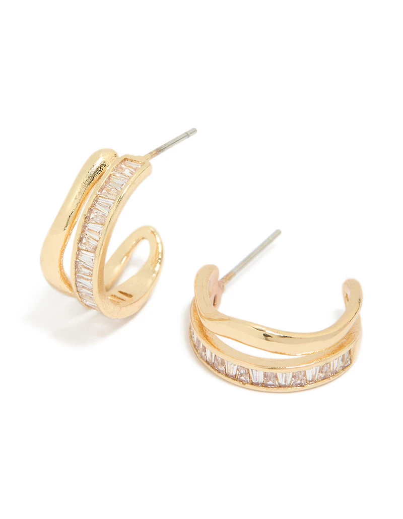 Gold Plated Baguette Wave Layered Hoop Earrings
