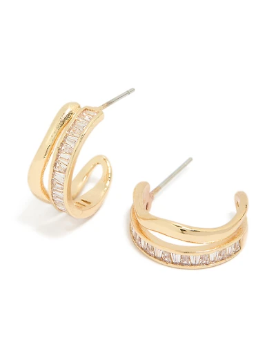Gold Plated Baguette Wave Layered Hoop Earrings