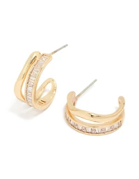 Gold Plated Baguette Wave Layered Hoop Earrings