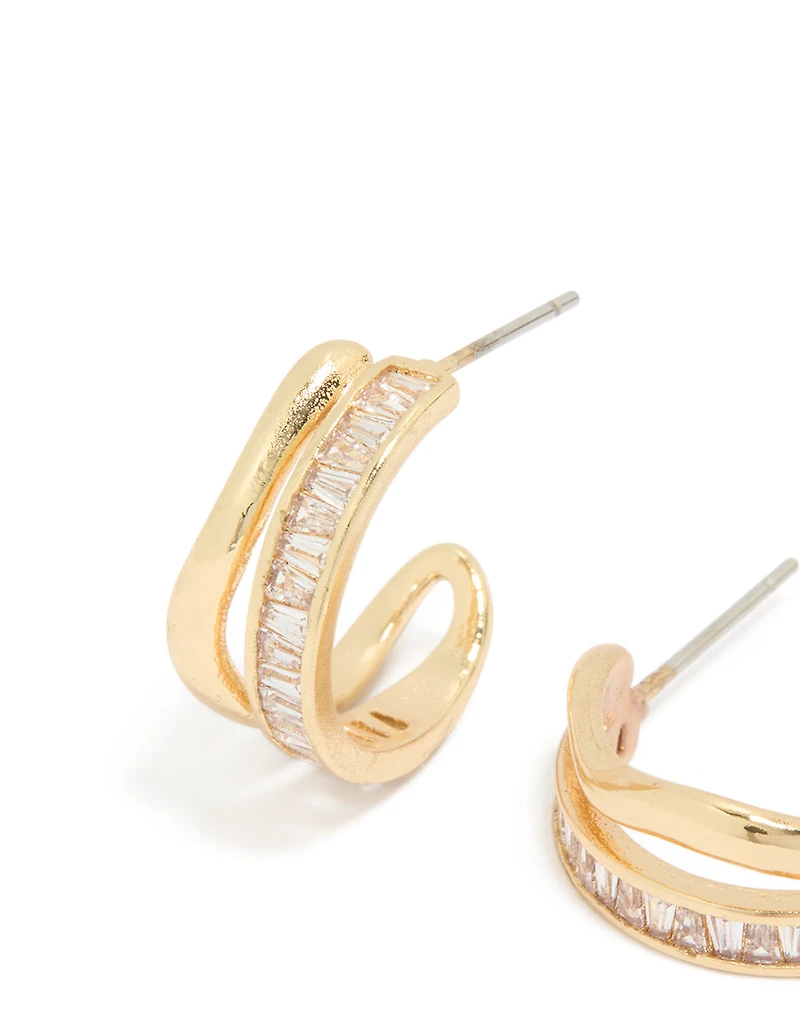 Gold Plated Baguette Wave Layered Hoop Earrings