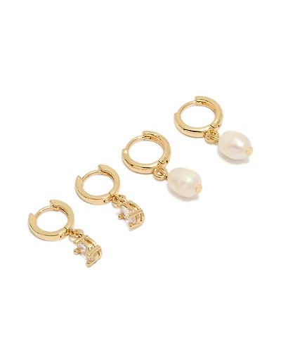 Gold Plated Cubic Zirconia & Pearl Huggie Earrings 2-Pack