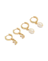 Gold Plated Cubic Zirconia & Pearl Huggie Earrings 2-Pack