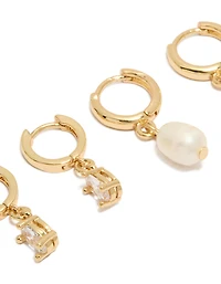 Gold Plated Cubic Zirconia & Pearl Huggie Earrings 2-Pack