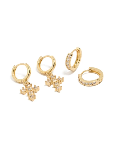 Gold Plated Brass Cubic Zirconia & Cross Huggie Earrings 2-Pack