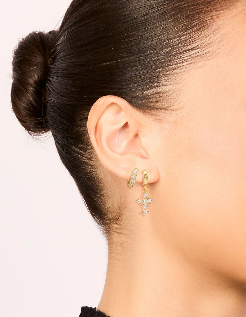 Gold Plated Brass Cubic Zirconia & Cross Huggie Earrings 2-Pack